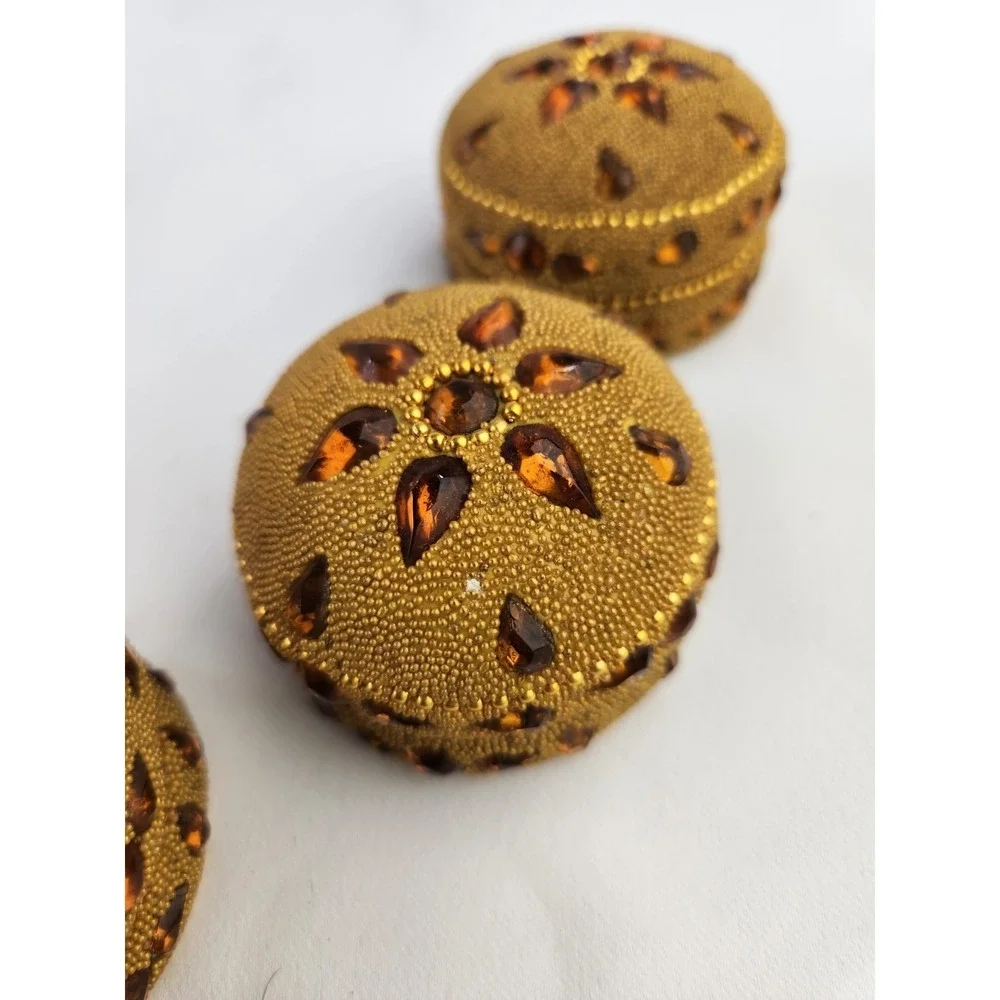 Vtg Round Hand Beaded Trinket Boxes Yellow Gold Beads Jeweled Wedding Set of 5